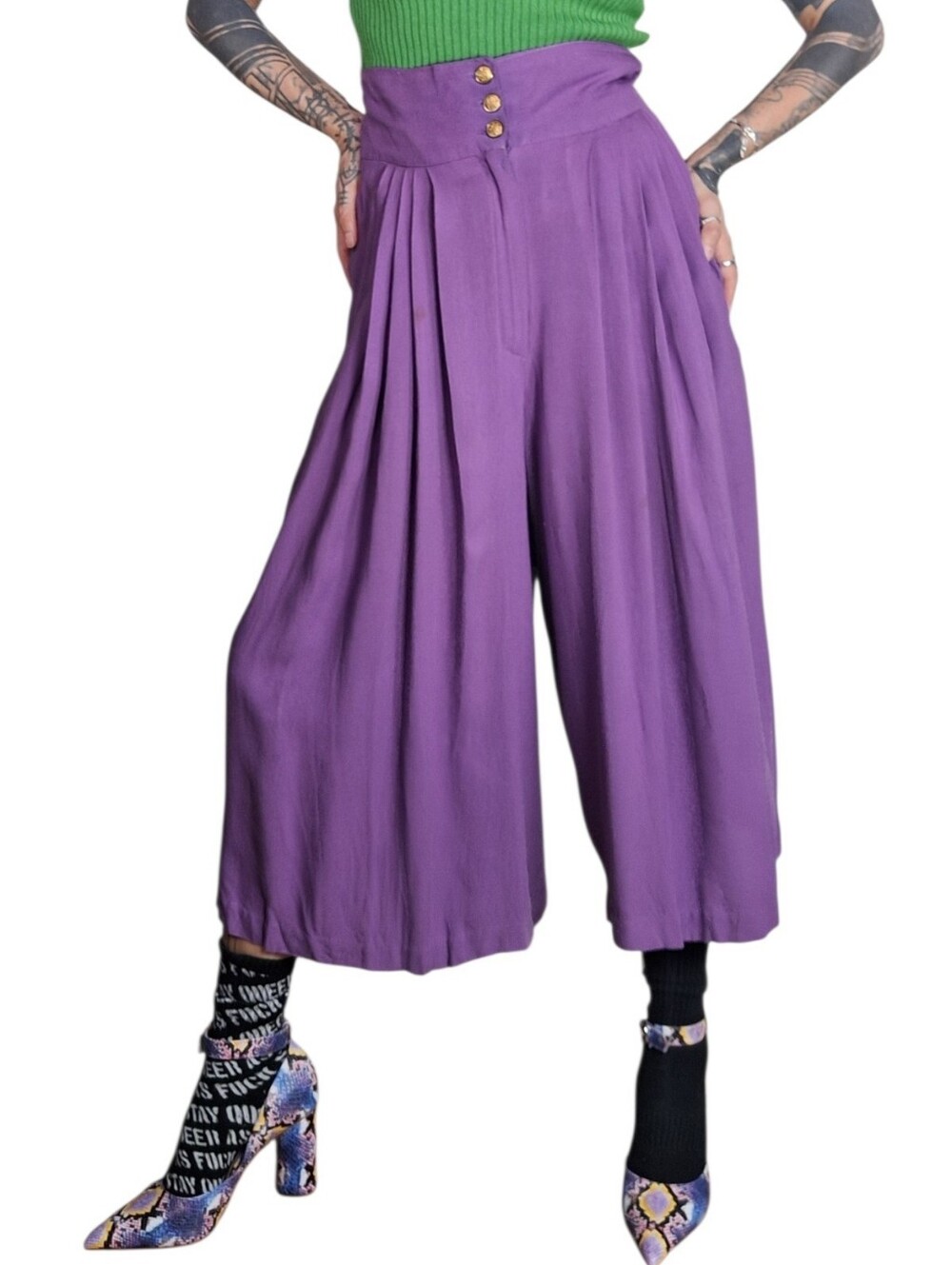 Vintage 80s 90s High Waist Wide Leg Culotte Capri Shorts S Purple Whimsical Boho